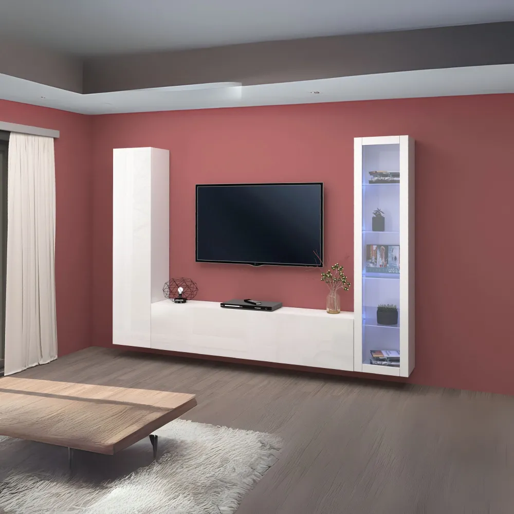 Parete Attrezzata L.260xP.30xH.180 cm Bianco Laccato Lucido con Design Moderno per Zona Giorno - York