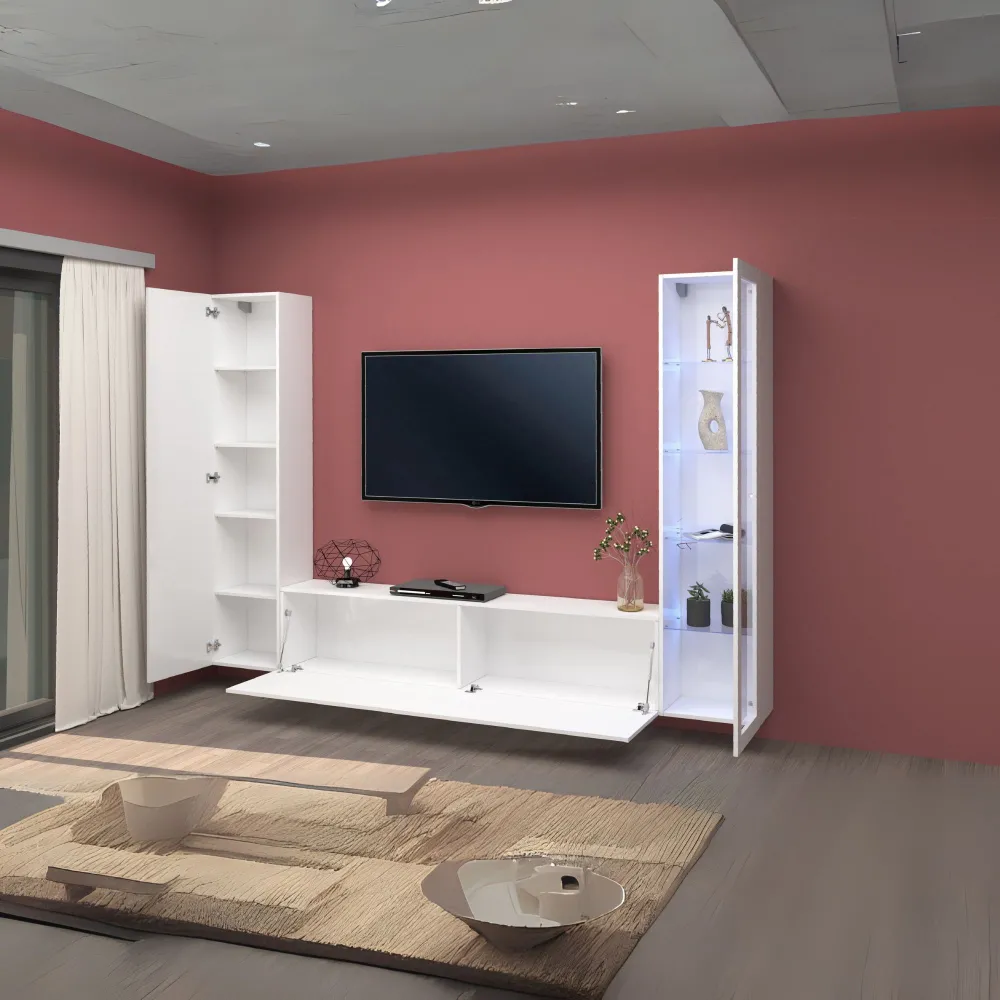 Parete Attrezzata L.260xP.30xH.180 cm Bianco Laccato Lucido con Design Moderno per Zona Giorno - York 2