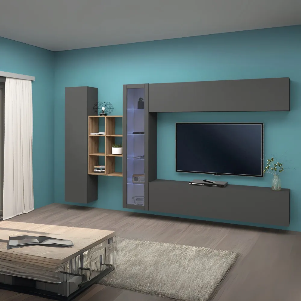 Parete Attrezzata 320x30x180 cm Antracite Opaco con Design Moderno per Zona Giorno - York