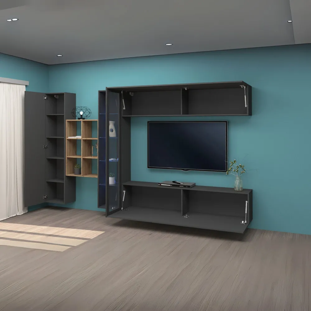 Parete Attrezzata 320x30x180 cm Antracite Opaco con Design Moderno per Zona Giorno - York 2