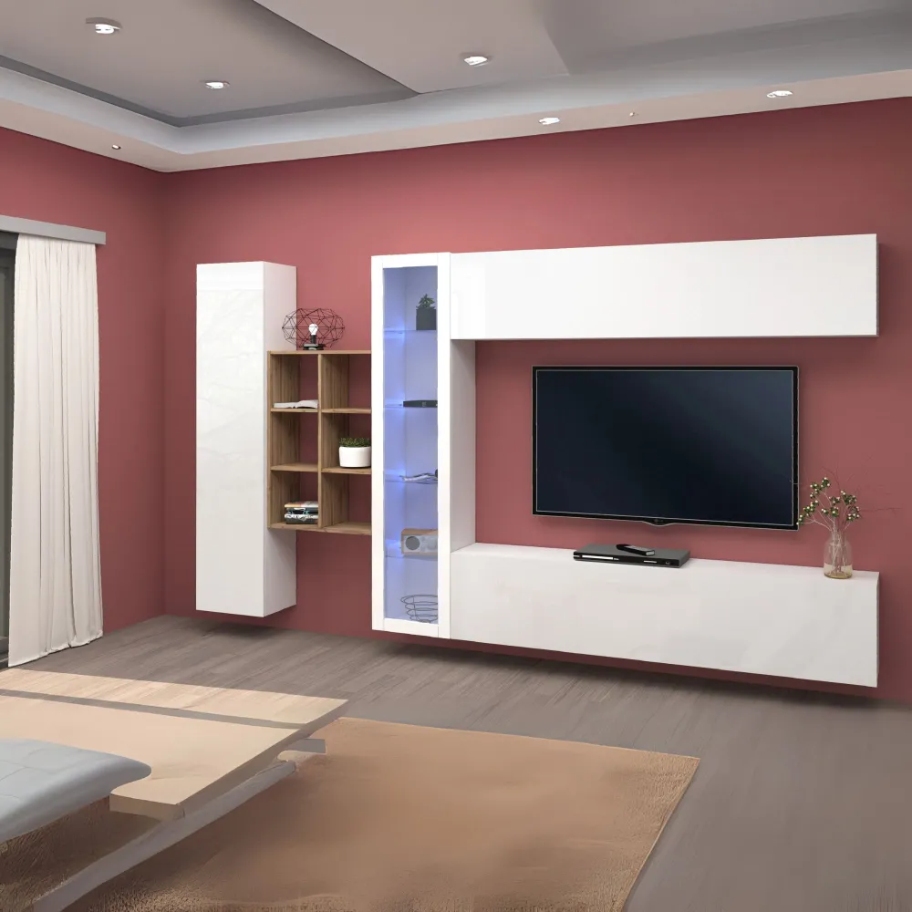 Parete Attrezzata 320x30x180 cm Bianco Laccato Lucido con Design Moderno per Zona Giorno - York
