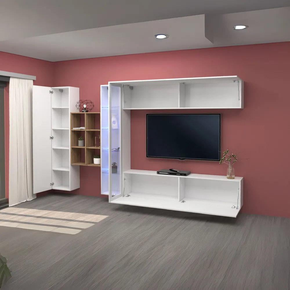 Parete Attrezzata 320x30x180 cm Bianco Laccato Lucido con Design Moderno per Zona Giorno - York 2
