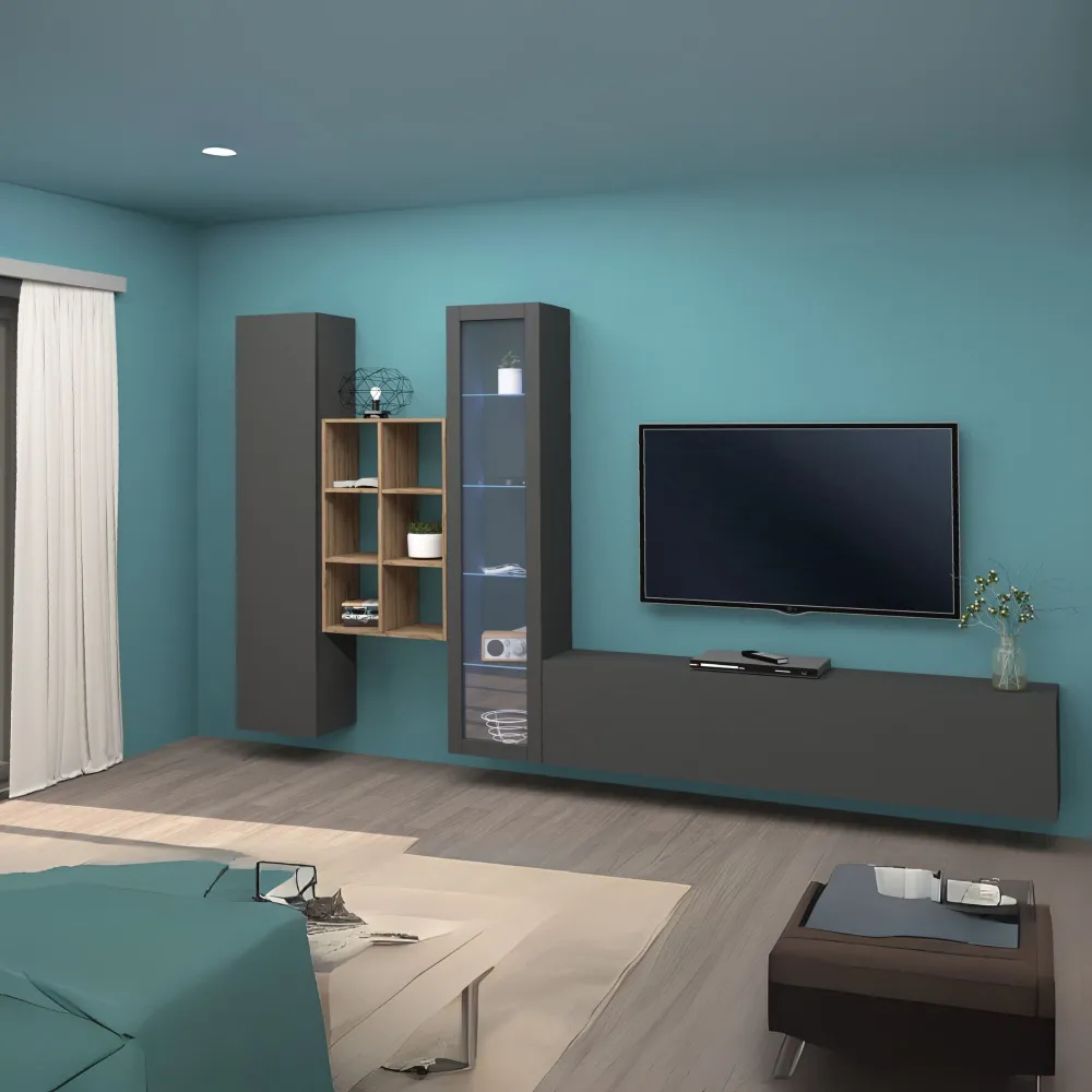 Parete Attrezzata 320x30x180 cm Antracite Opaco con Design Moderno per Zona Giorno - York
