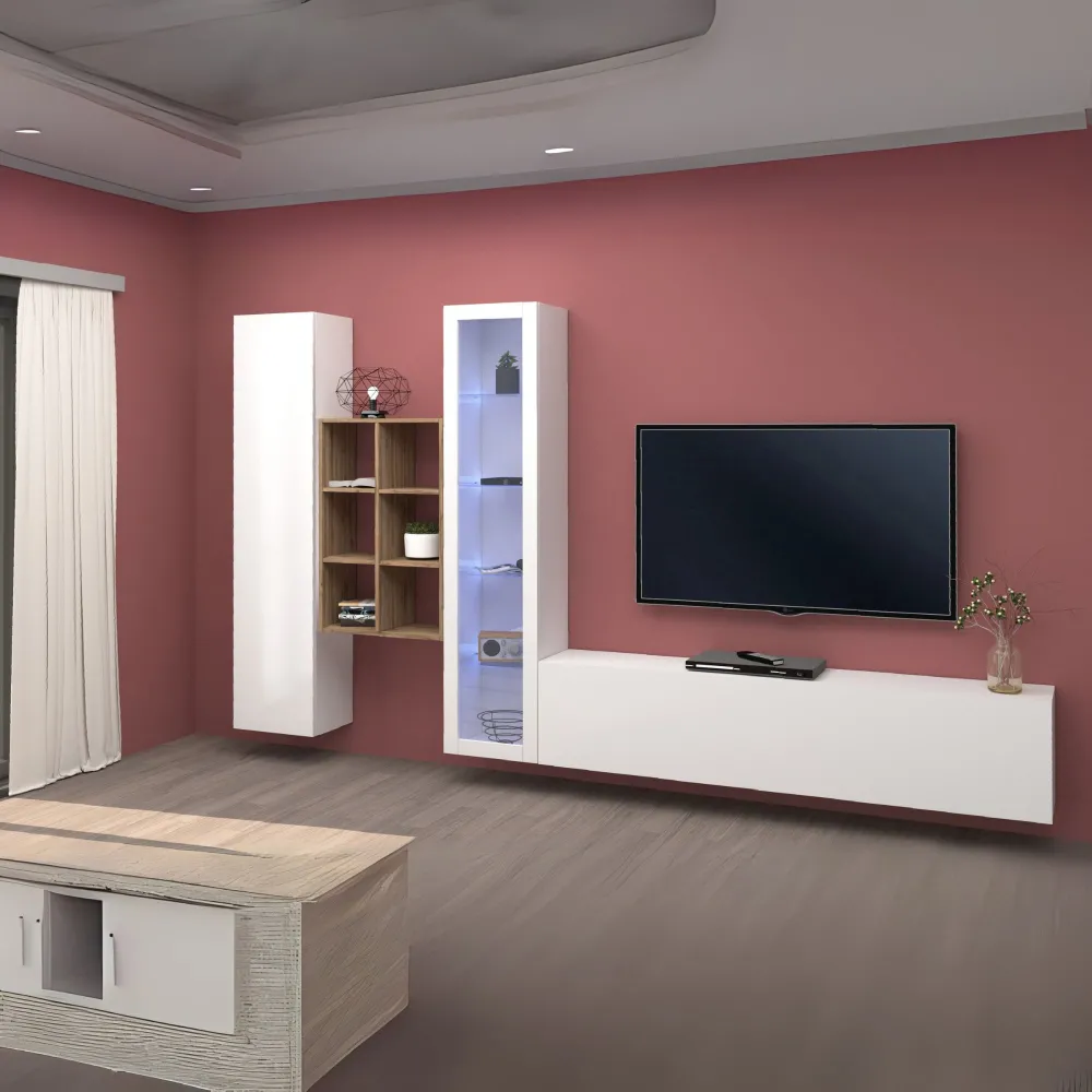 Parete Attrezzata 320x30x180 cm Bianco Laccato Lucido con Design Moderno per Zona Giorno - York
