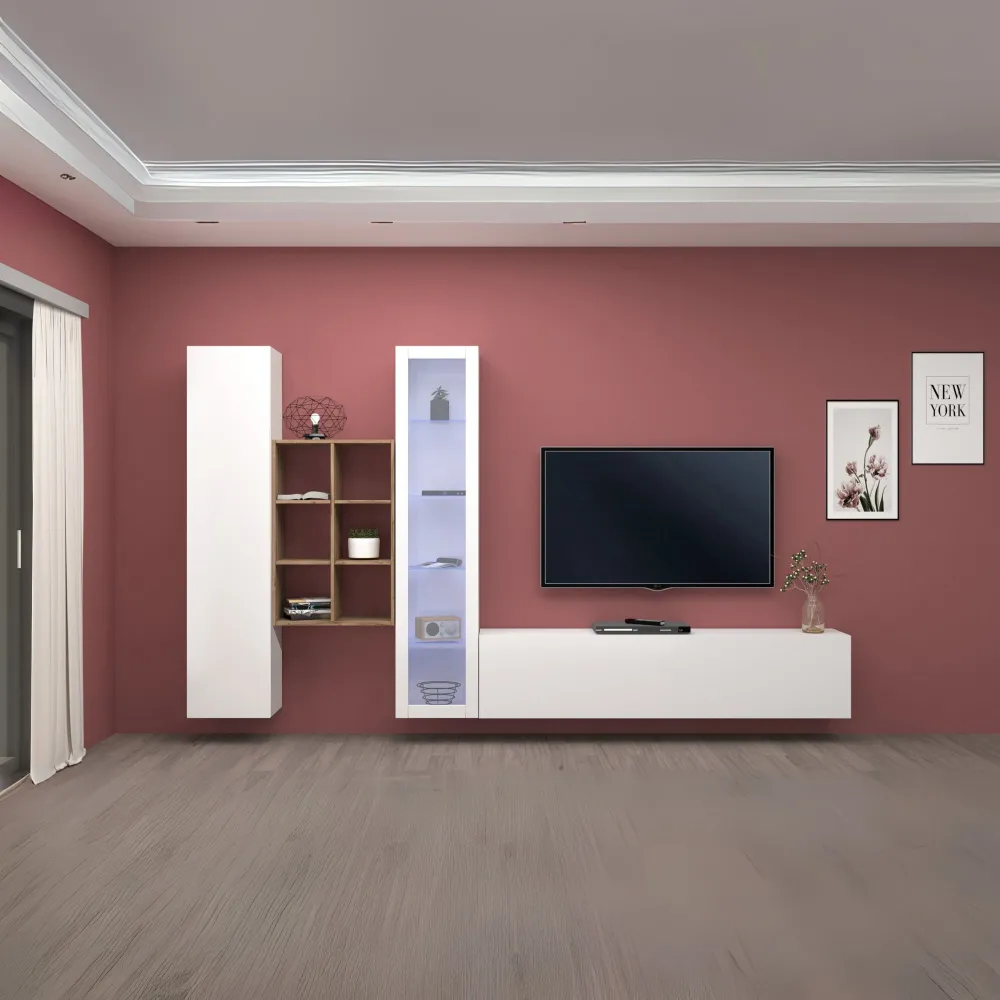 Parete Attrezzata 320x30x180 cm Bianco Laccato Lucido con Design Moderno per Zona Giorno - York 2