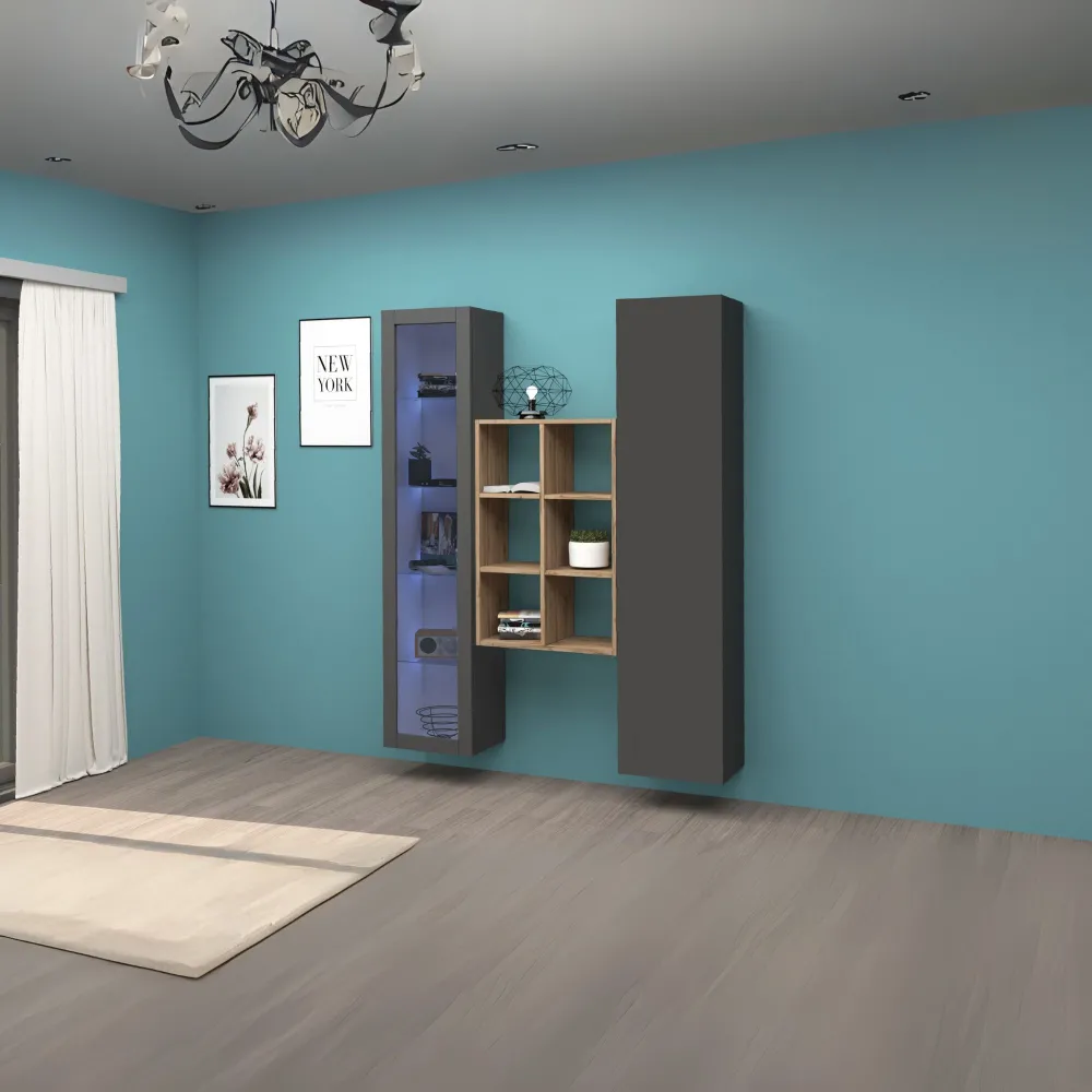 Parete Attrezzata Zona Giorno L.140xP.30xH.180 cm Antracite Opaco con Design Moderno - York