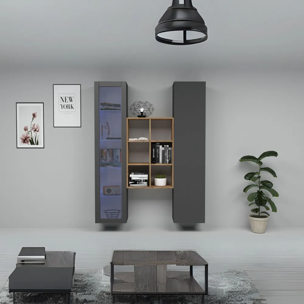 Parete Attrezzata Zona Giorno L.140xP.30xH.180 cm Antracite Opaco con Design Moderno - York 2