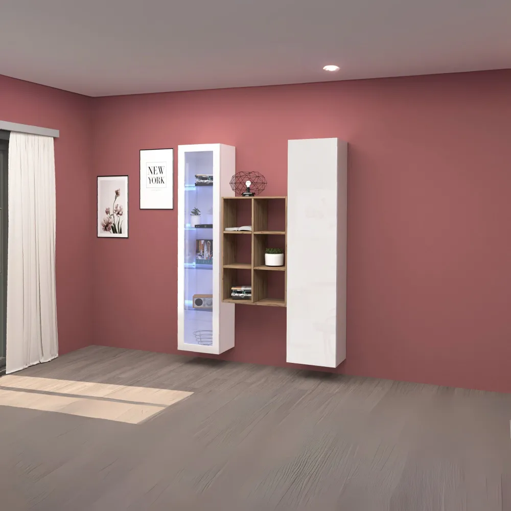 Parete Attrezzata 140x30x180 cm Bianco Laccato Lucido con Design Moderno per Zona Giorno - York