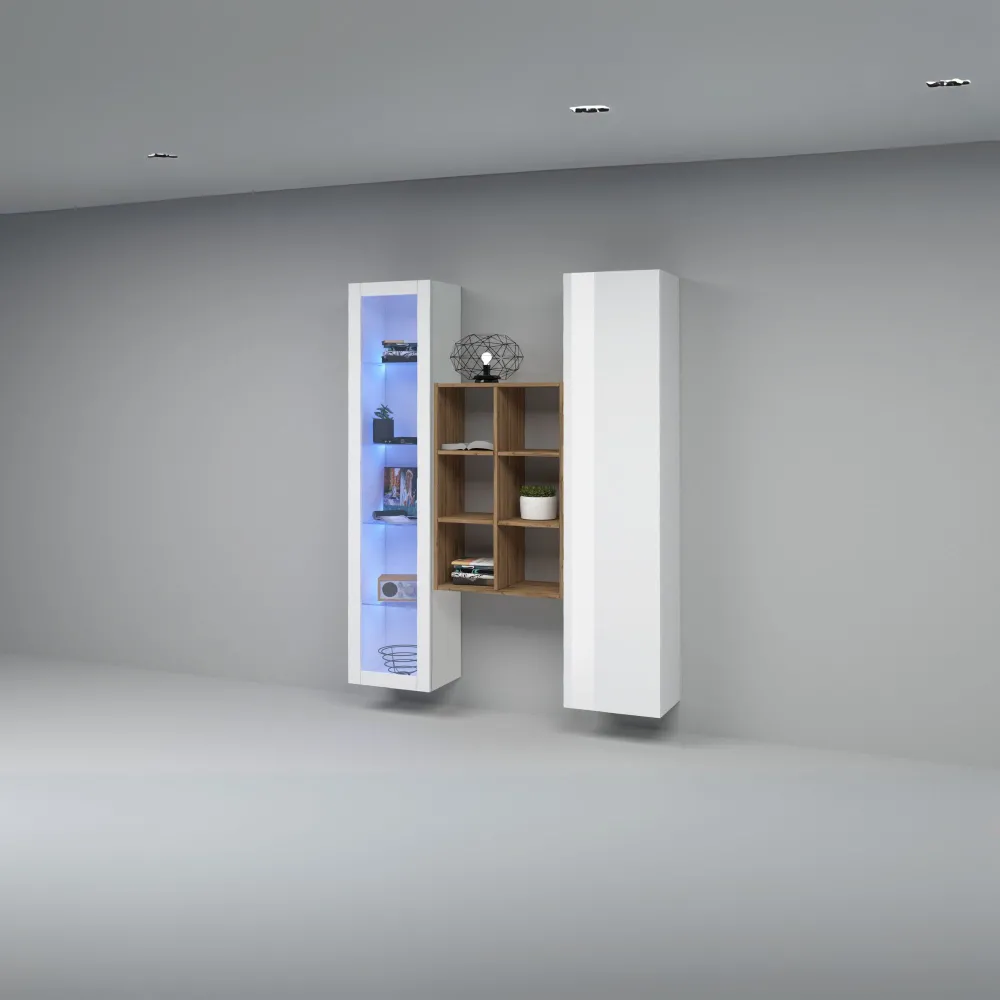 Parete Attrezzata 140x30x180 cm Bianco Laccato Lucido con Design Moderno per Zona Giorno - York 2