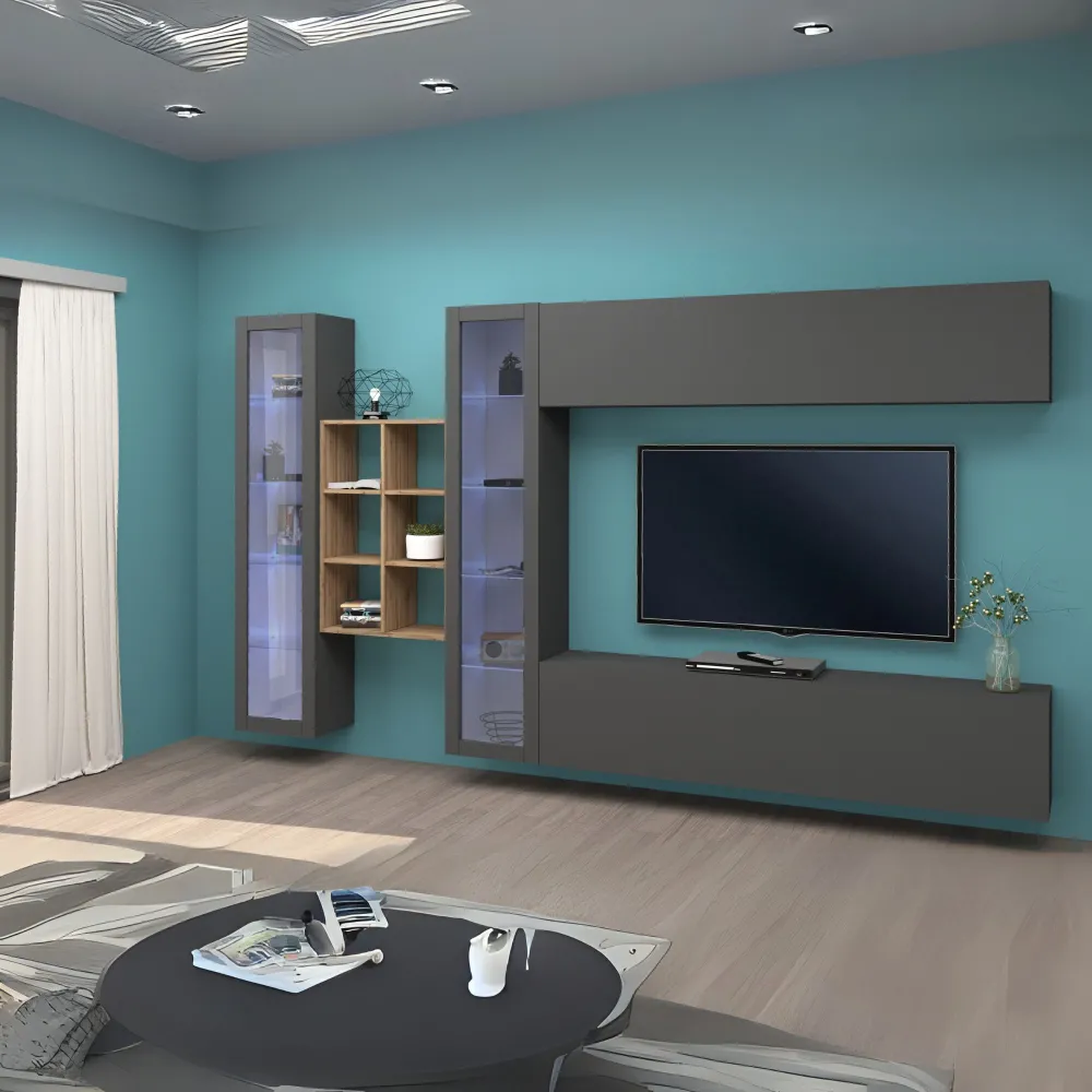 Parete Attrezzata Zona Giorno 320x30x180 cm Antracite Opaco con Design Moderno - York