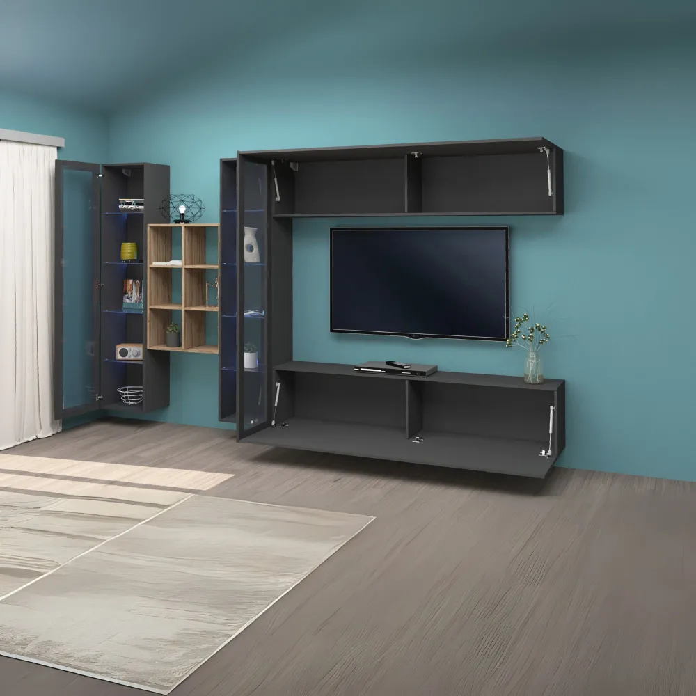 Parete Attrezzata Zona Giorno 320x30x180 cm Antracite Opaco con Design Moderno - York 2