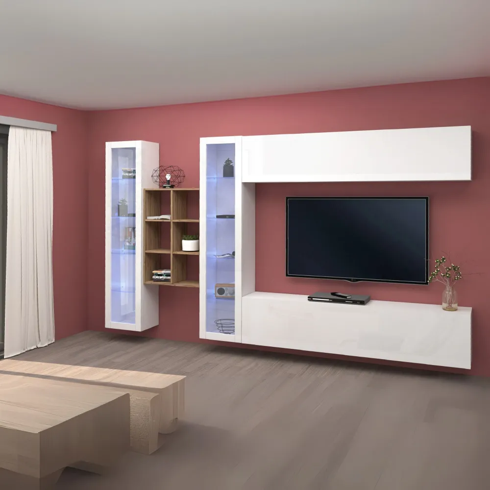 Parete Attrezzata 320x30x180 cm Bianco Laccato Lucido con Design Moderno per Zona Giorno - York