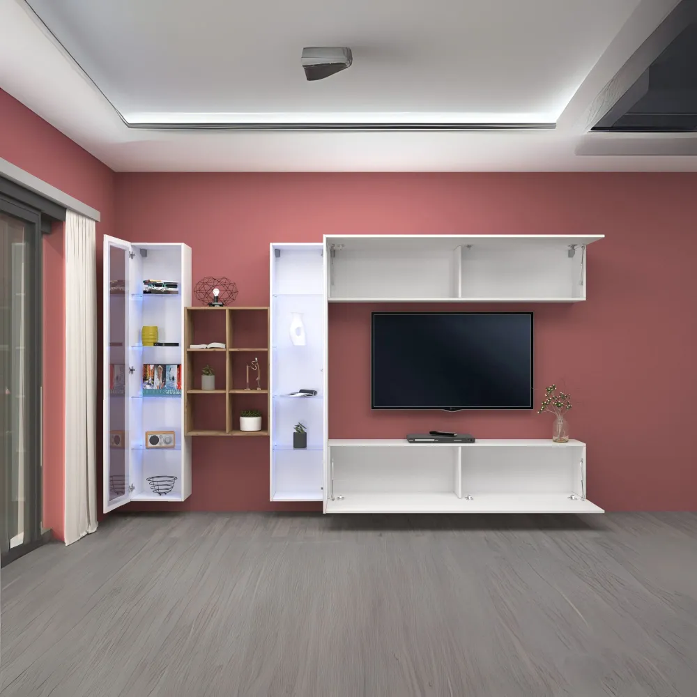 Parete Attrezzata 320x30x180 cm Bianco Laccato Lucido con Design Moderno per Zona Giorno - York 2