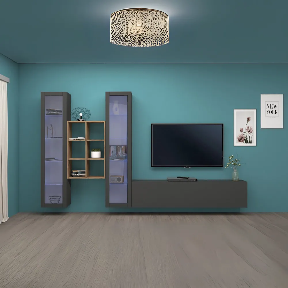 Parete Attrezzata Zona Giorno 320x30x180 cm Antracite Opaco con Design Moderno - York