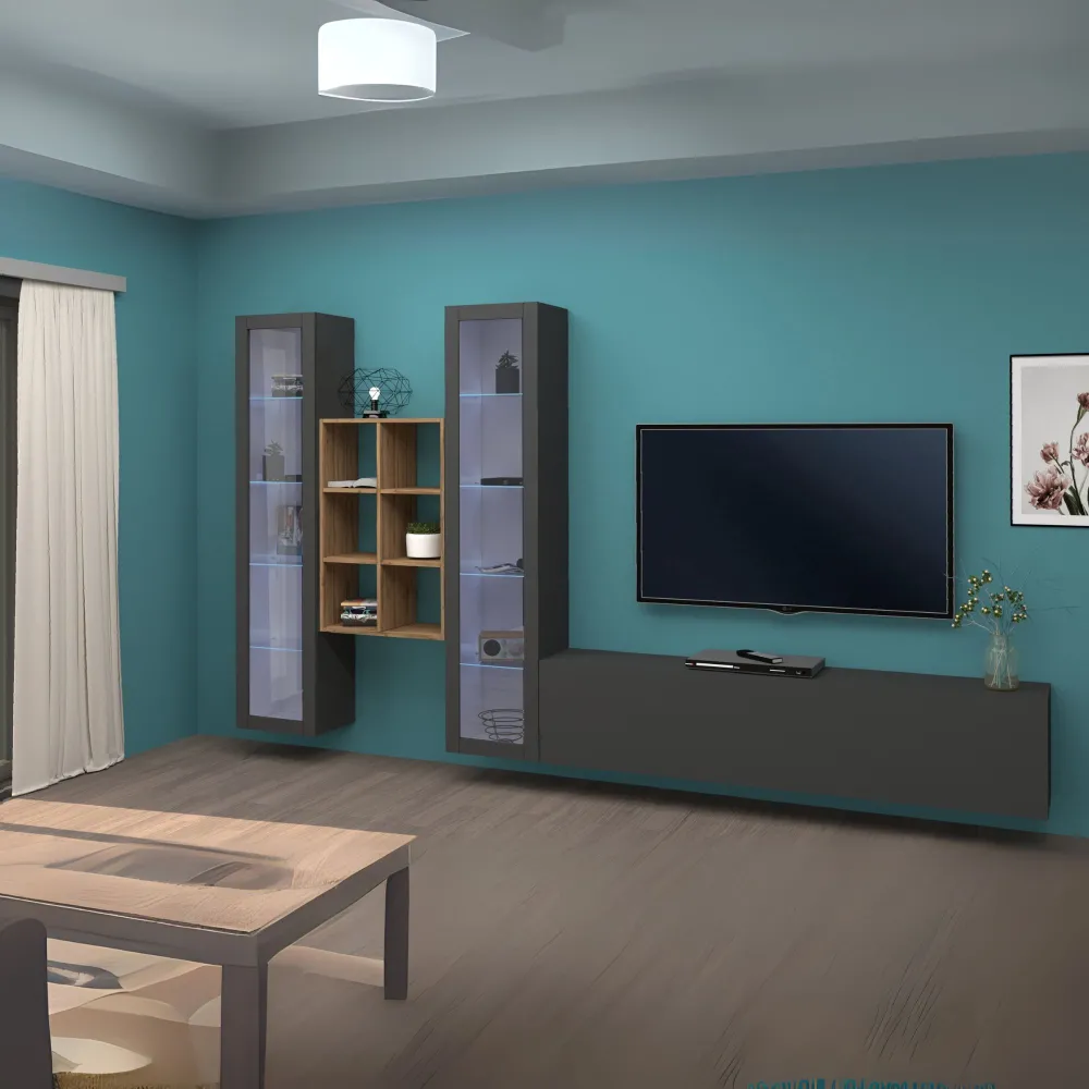 Parete Attrezzata Zona Giorno 320x30x180 cm Antracite Opaco con Design Moderno - York 2