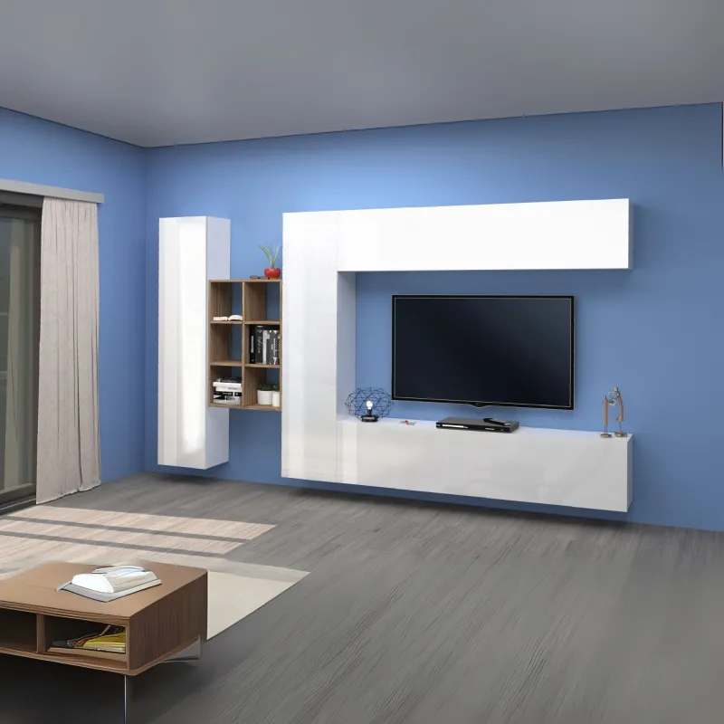Parete Attrezzata L.320xP.30xH.180 cm Bianco Laccato Lucido con Design Moderno per Zona Giorno - York