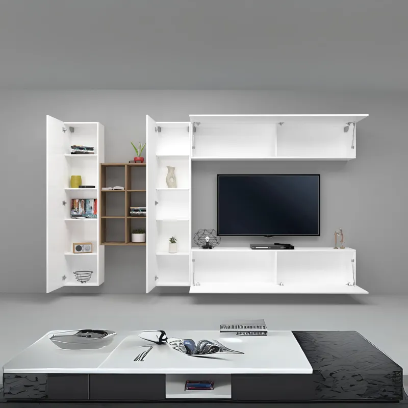 Parete Attrezzata L.320xP.30xH.180 cm Bianco Laccato Lucido con Design Moderno per Zona Giorno - York