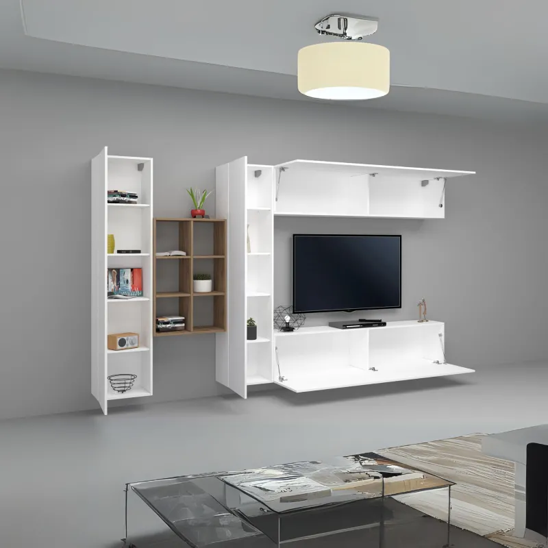 Parete Attrezzata L.320xP.30xH.180 cm Bianco Laccato Lucido con Design Moderno per Zona Giorno - York