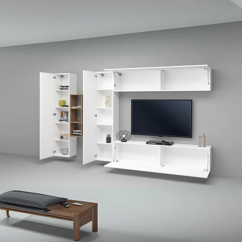 Parete Attrezzata L.320xP.30xH.180 cm Bianco Laccato Lucido con Design Moderno per Zona Giorno - York