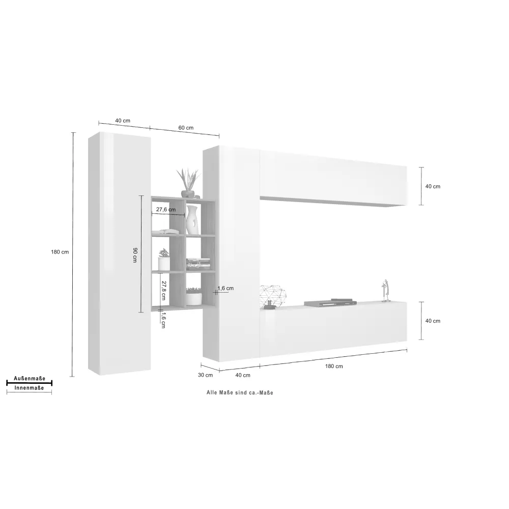 Parete Attrezzata L.320xP.30xH.180 cm Bianco Laccato Lucido con Design Moderno per Zona Giorno - York