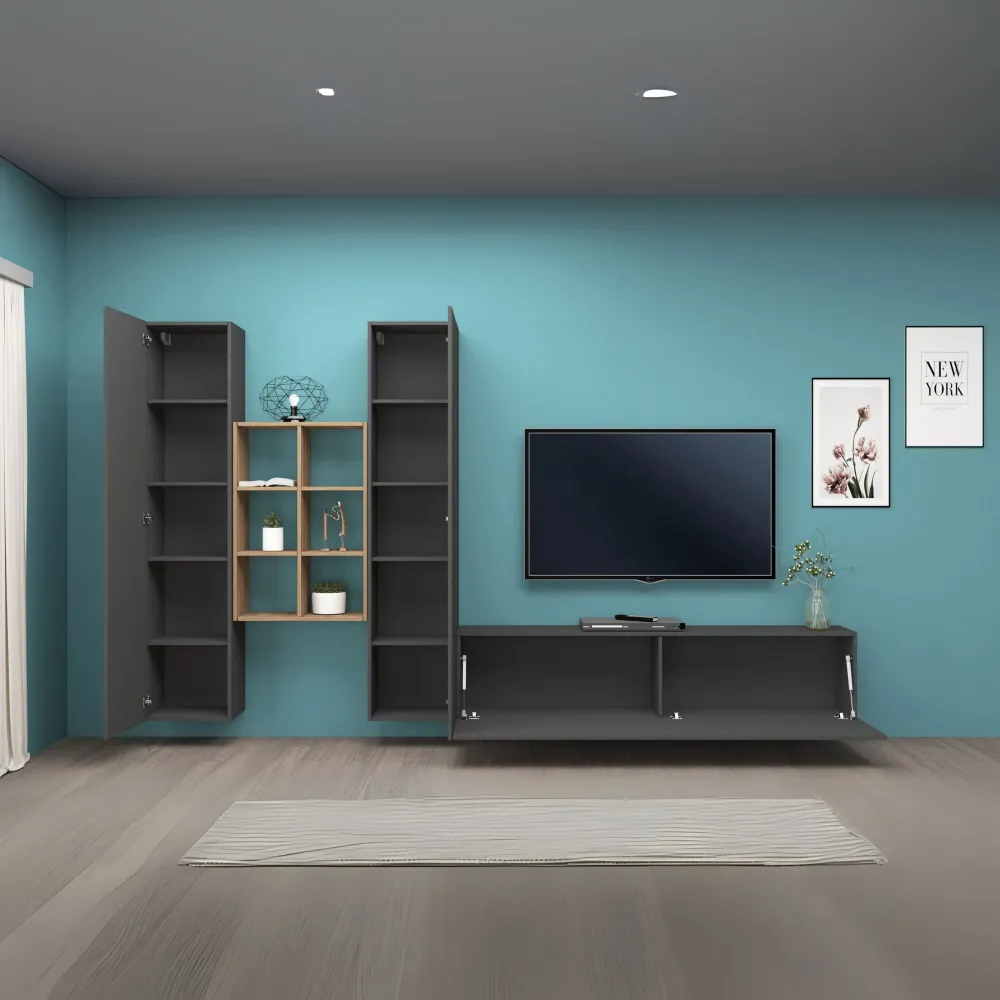 Parete Attrezzata Zona Giorno 320x30x180 cm Antracite Opaco con Design Moderno - York