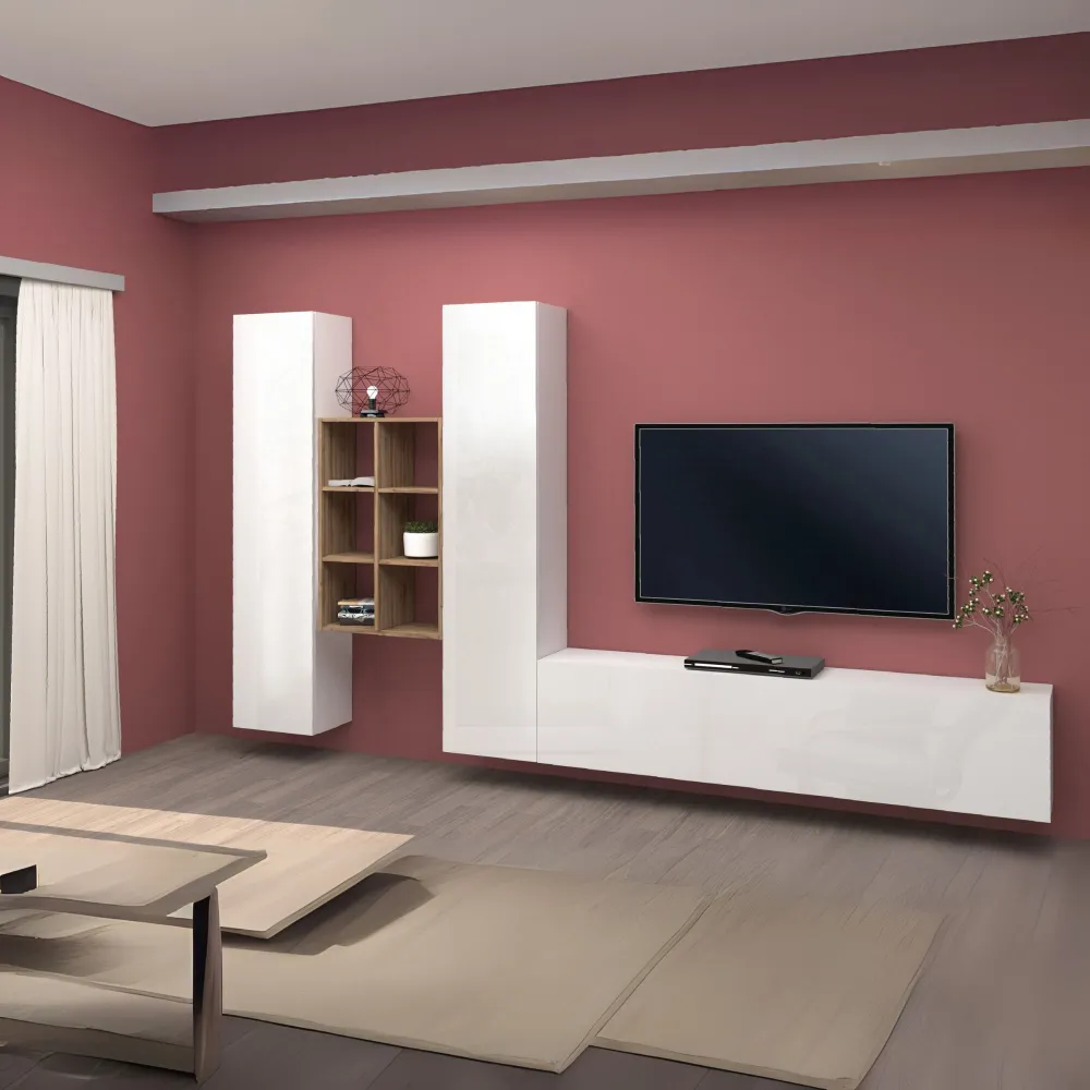 Parete Attrezzata 320x30x180 cm Bianco Laccato Lucido con Design Moderno per Zona Giorno - York