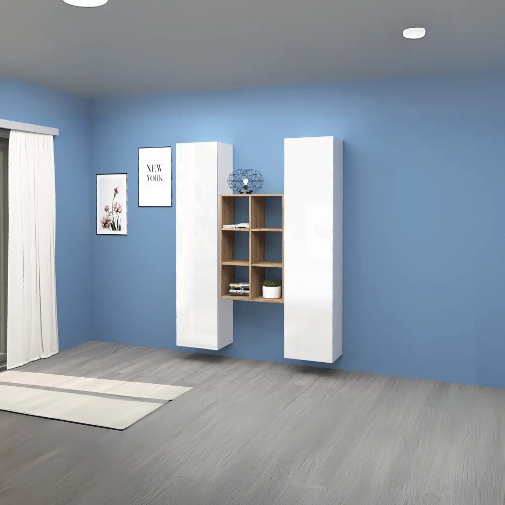 Parete Attrezzata 140x30x180 cm Bianco Laccato Lucido con Design Moderno per Zona Giorno - York