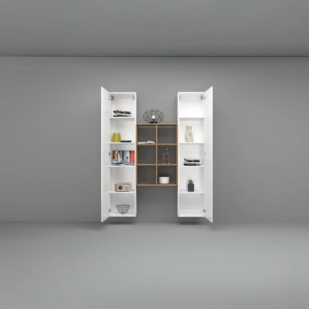 Parete Attrezzata 140x30x180 cm Bianco Laccato Lucido con Design Moderno per Zona Giorno - York