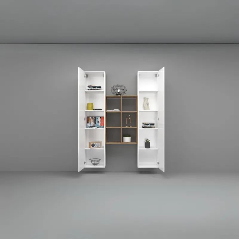 Parete Attrezzata 140x30x180 cm Bianco Laccato Lucido con Design Moderno per Zona Giorno - York