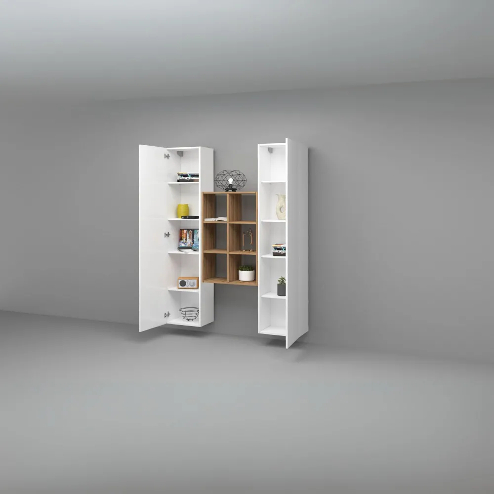 Parete Attrezzata 140x30x180 cm Bianco Laccato Lucido con Design Moderno per Zona Giorno - York