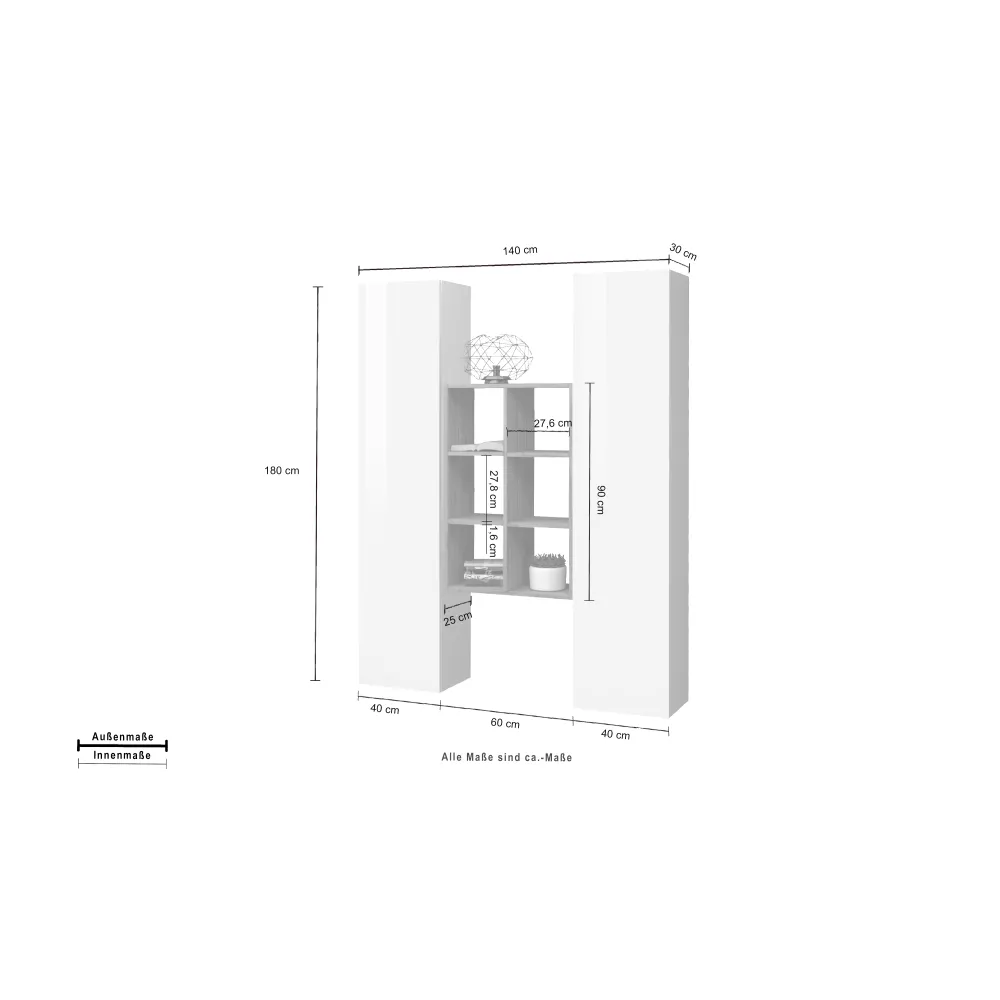 Parete Attrezzata 140x30x180 cm Bianco Laccato Lucido con Design Moderno per Zona Giorno - York
