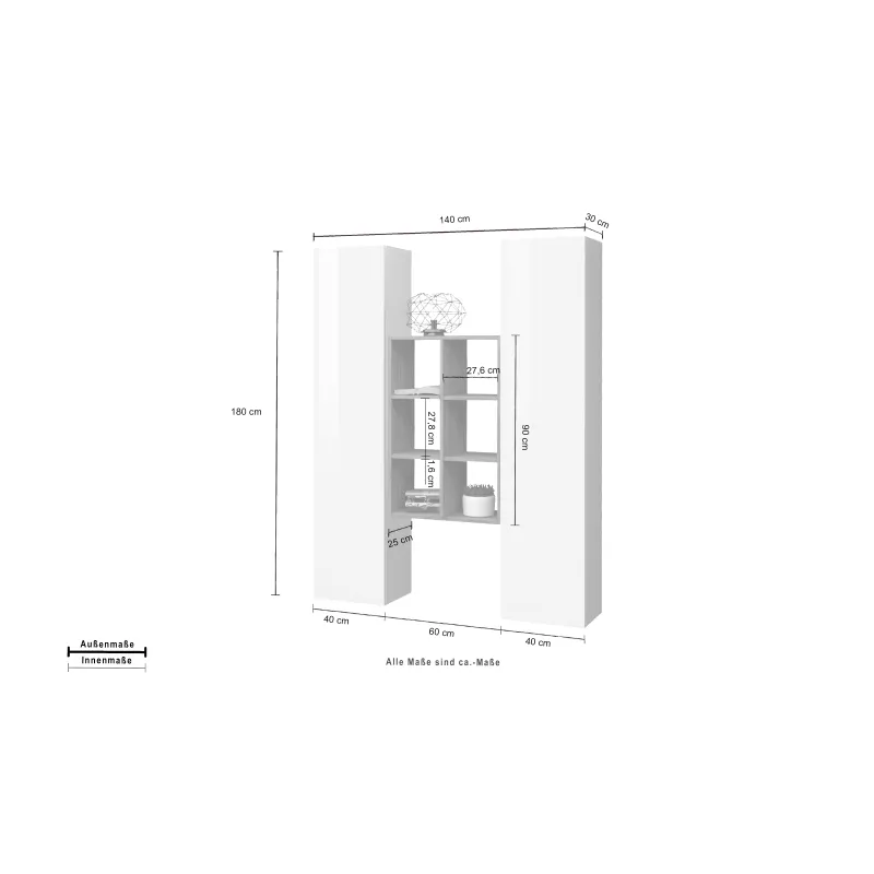Parete Attrezzata 140x30x180 cm Bianco Laccato Lucido con Design Moderno per Zona Giorno - York