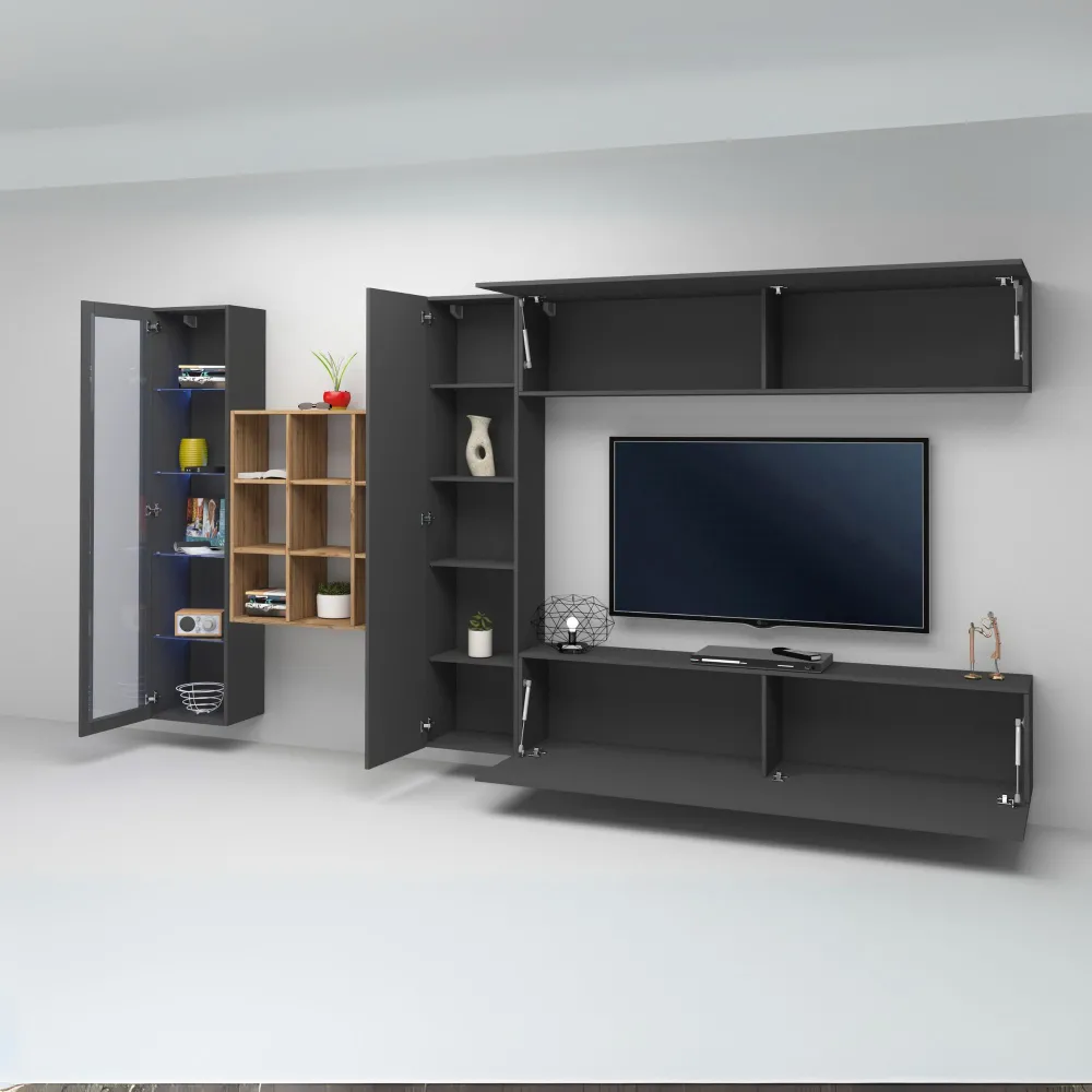 Parete Attrezzata Zona Giorno 350x30x180 cm Antracite Opaco con Design Moderno - York 2