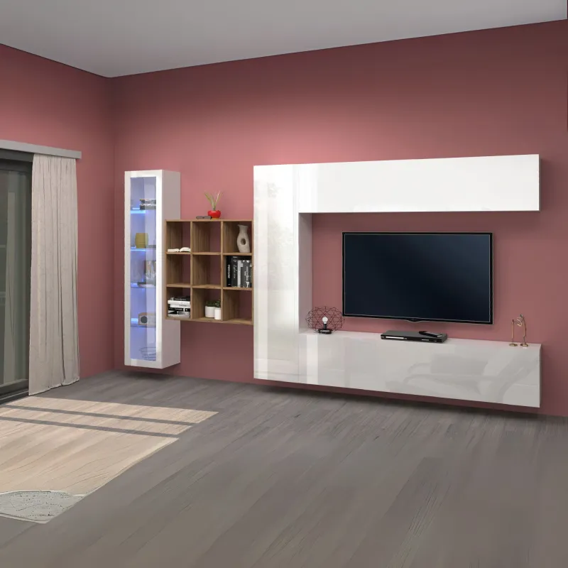 Parete Attrezzata 350x30x180 cm Bianco Laccato Lucido con Design Moderno per Zona Giorno - York