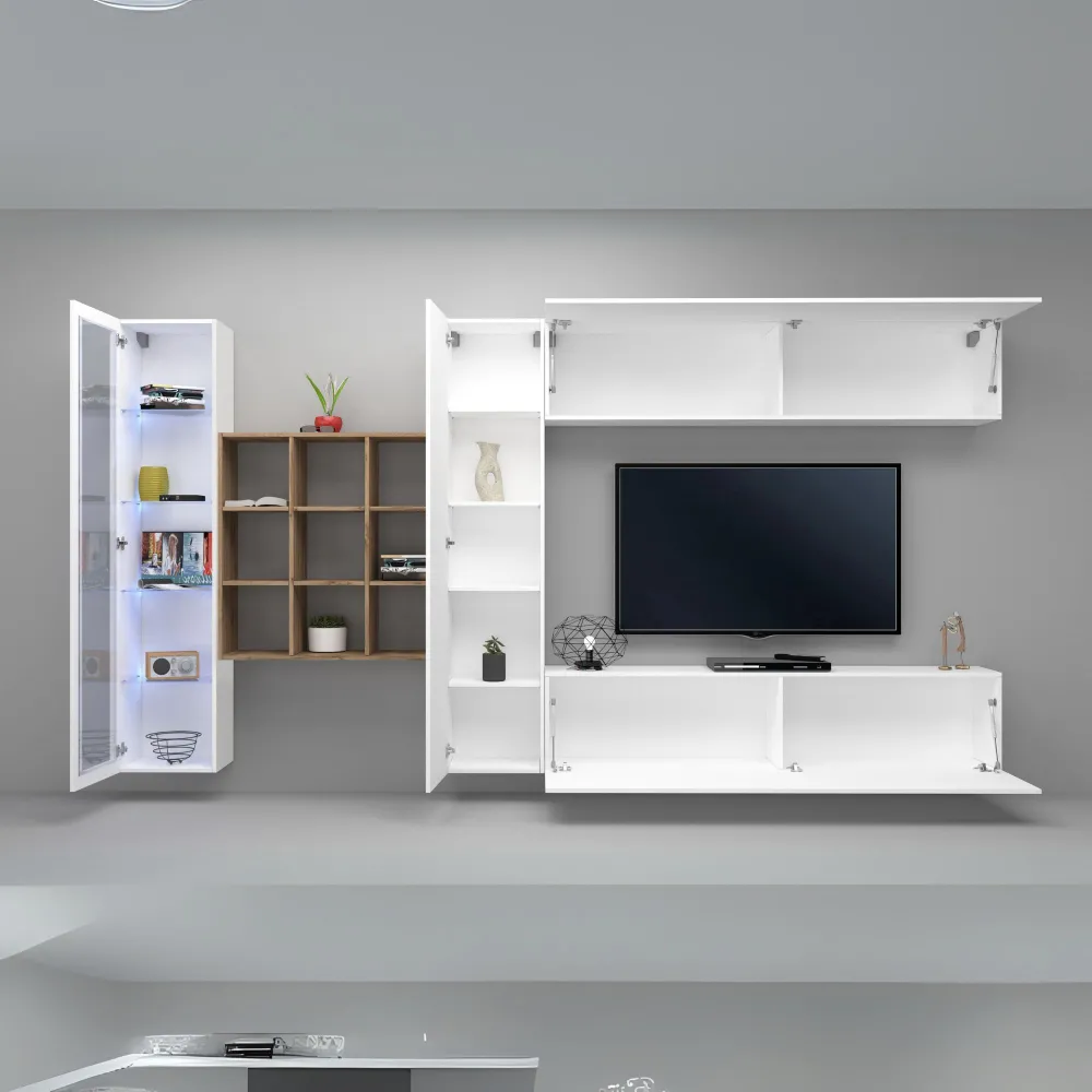 Parete Attrezzata 350x30x180 cm Bianco Laccato Lucido con Design Moderno per Zona Giorno - York