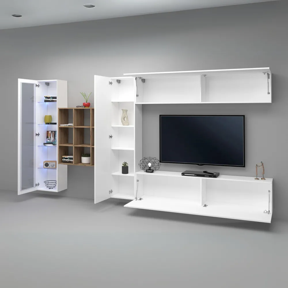 Parete Attrezzata 350x30x180 cm Bianco Laccato Lucido con Design Moderno per Zona Giorno - York