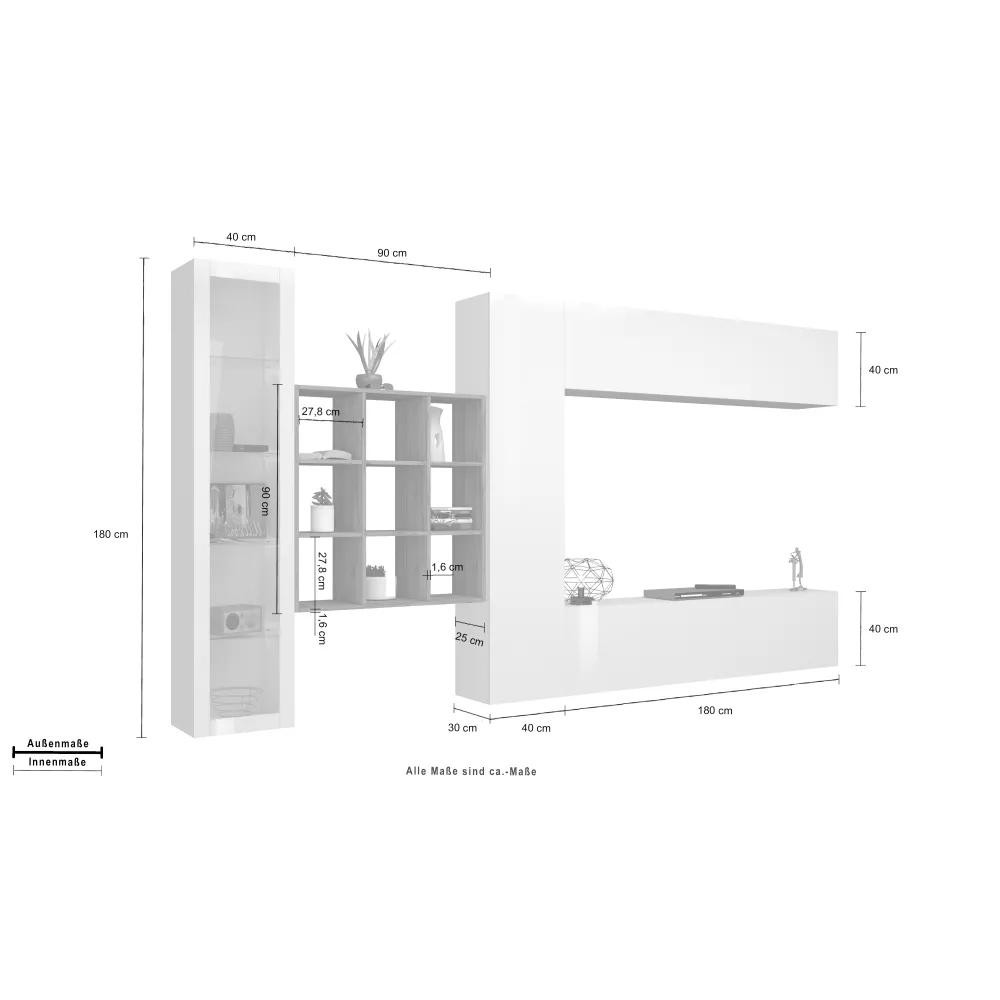 Parete Attrezzata 350x30x180 cm Bianco Laccato Lucido con Design Moderno per Zona Giorno - York