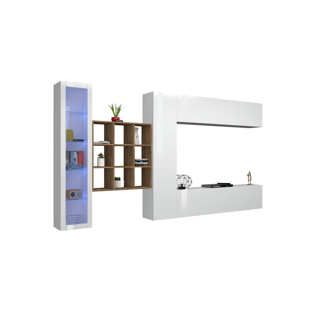 Parete Attrezzata 350x30x180 cm Bianco Laccato Lucido con Design Moderno per Zona Giorno - York
