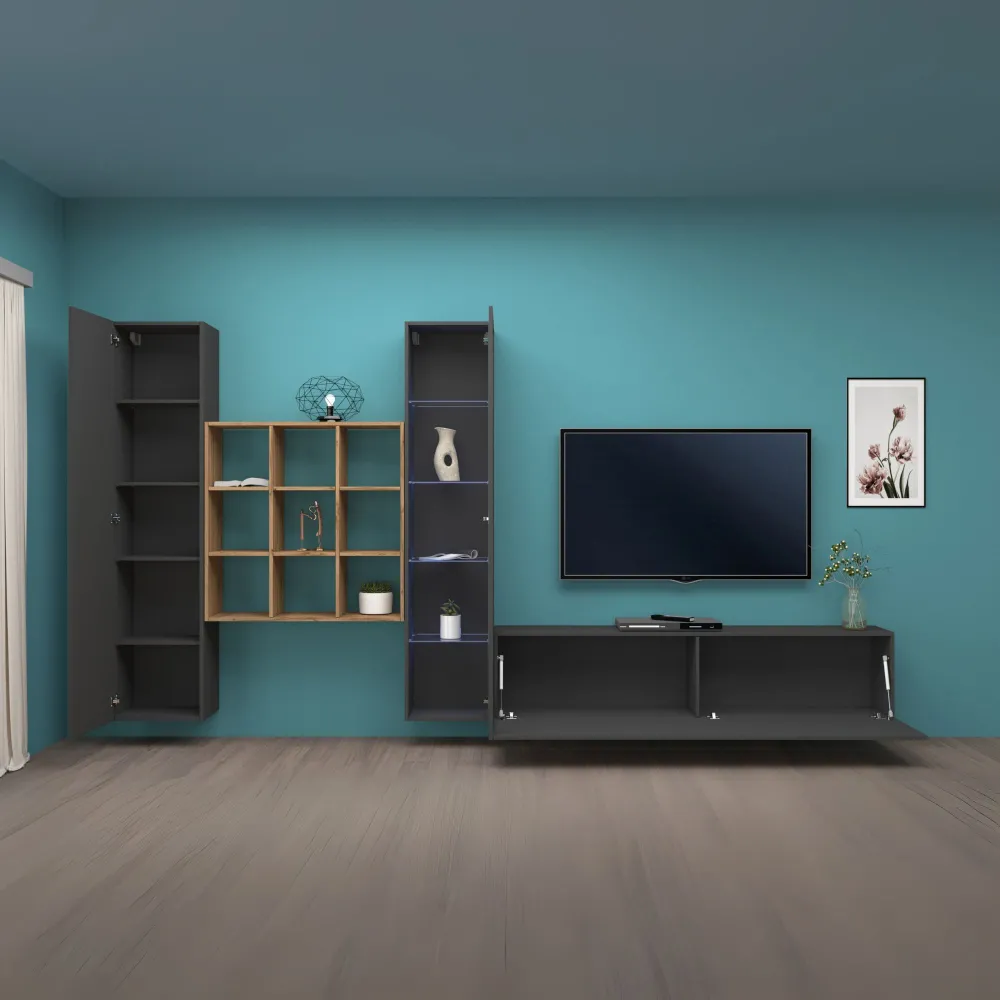 Parete Attrezzata Zona Giorno 350x30x180 cm Antracite Opaco con Design Moderno - York 2