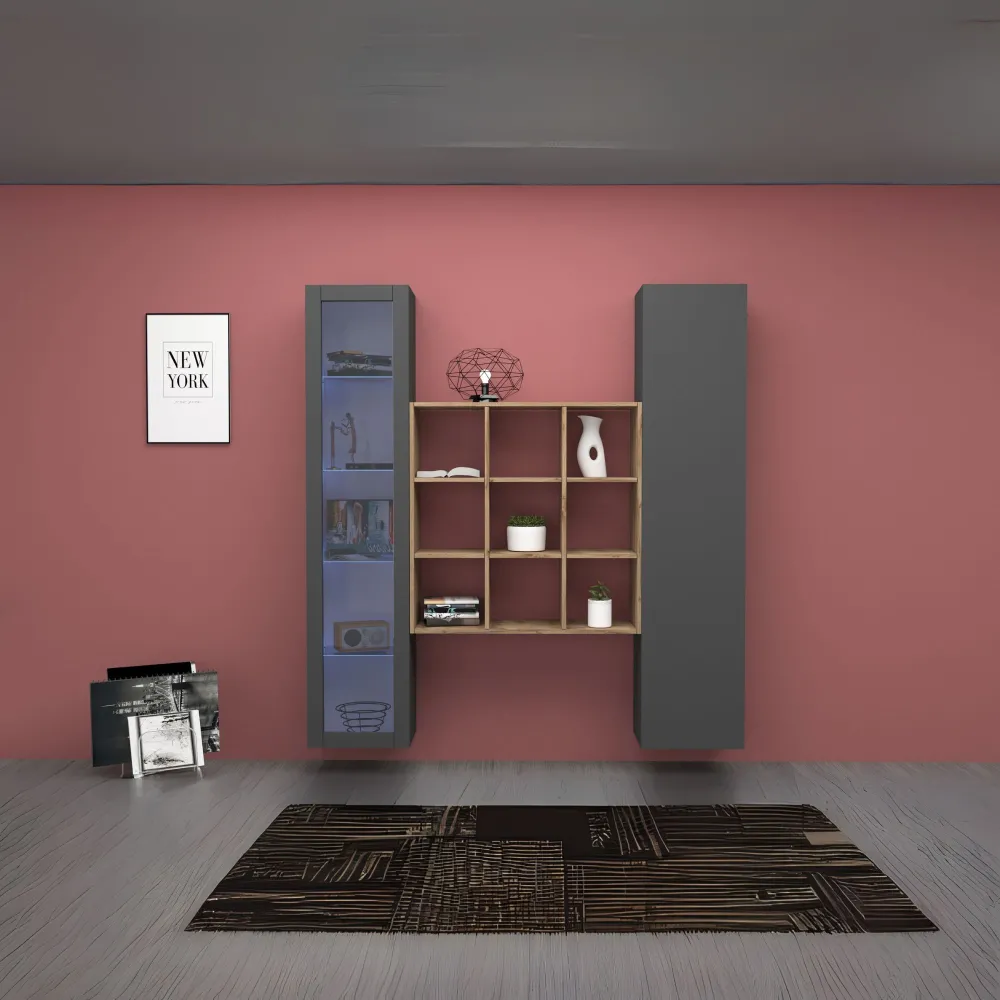 Parete Attrezzata Zona Giorno L.170xP.30xH.180 cm Antracite Opaco con Design Moderno - York 2