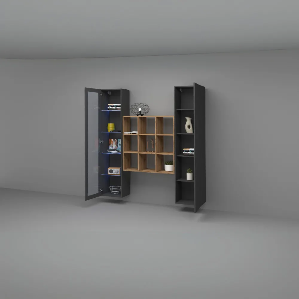 Parete Attrezzata Zona Giorno L.170xP.30xH.180 cm Antracite Opaco con Design Moderno - York