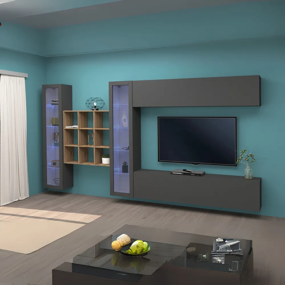 Parete Attrezzata Zona Giorno 350x30x180 cm Antracite Opaco con Design Moderno - York