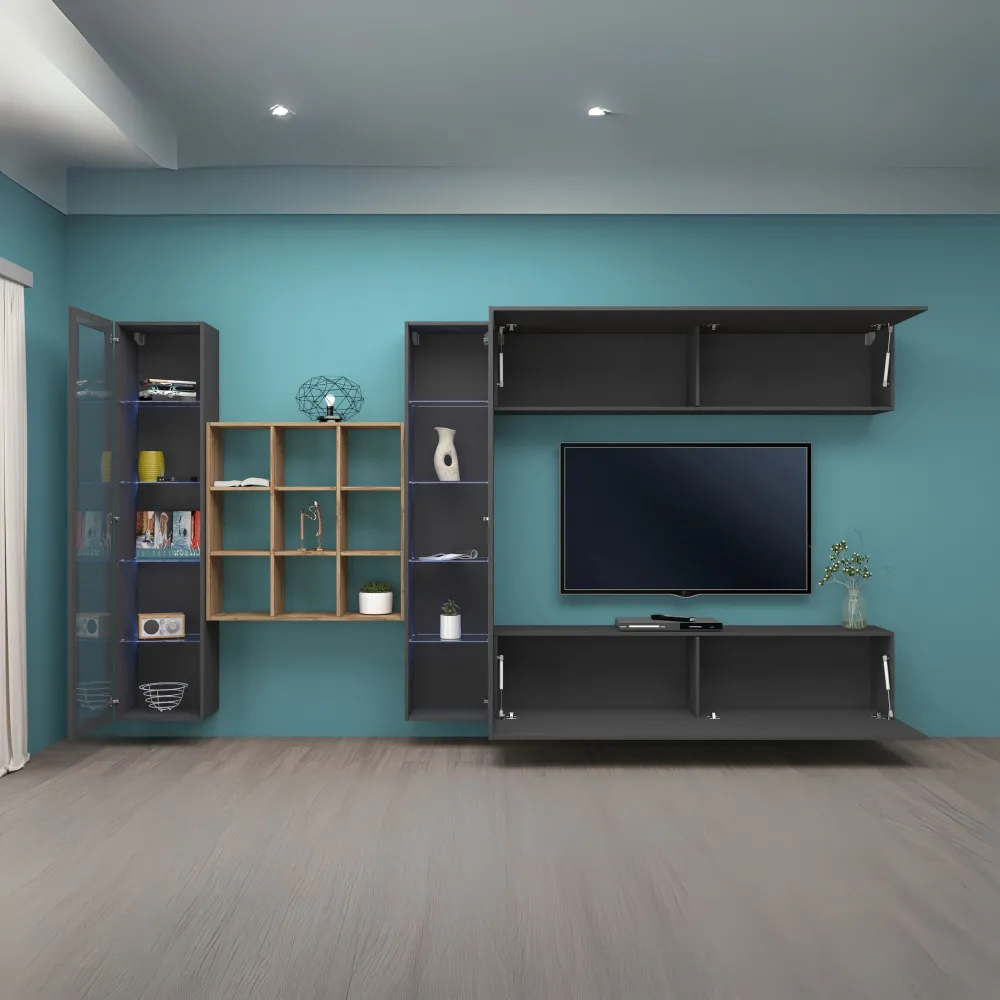 Parete Attrezzata Zona Giorno 350x30x180 cm Antracite Opaco con Design Moderno - York 2