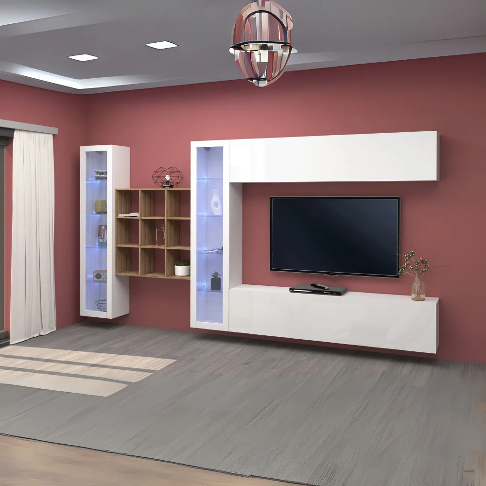 Parete Attrezzata L.350xP.30xH.180 cm Bianco Laccato Lucido - Design Elegante per Zona Giorno - York