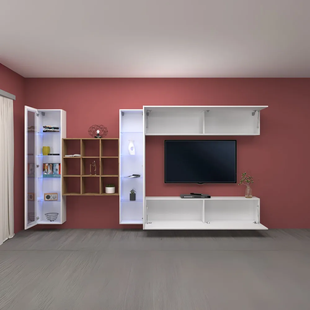 Parete Attrezzata L.350xP.30xH.180 cm Bianco Laccato Lucido - Design Elegante per Zona Giorno - York 2