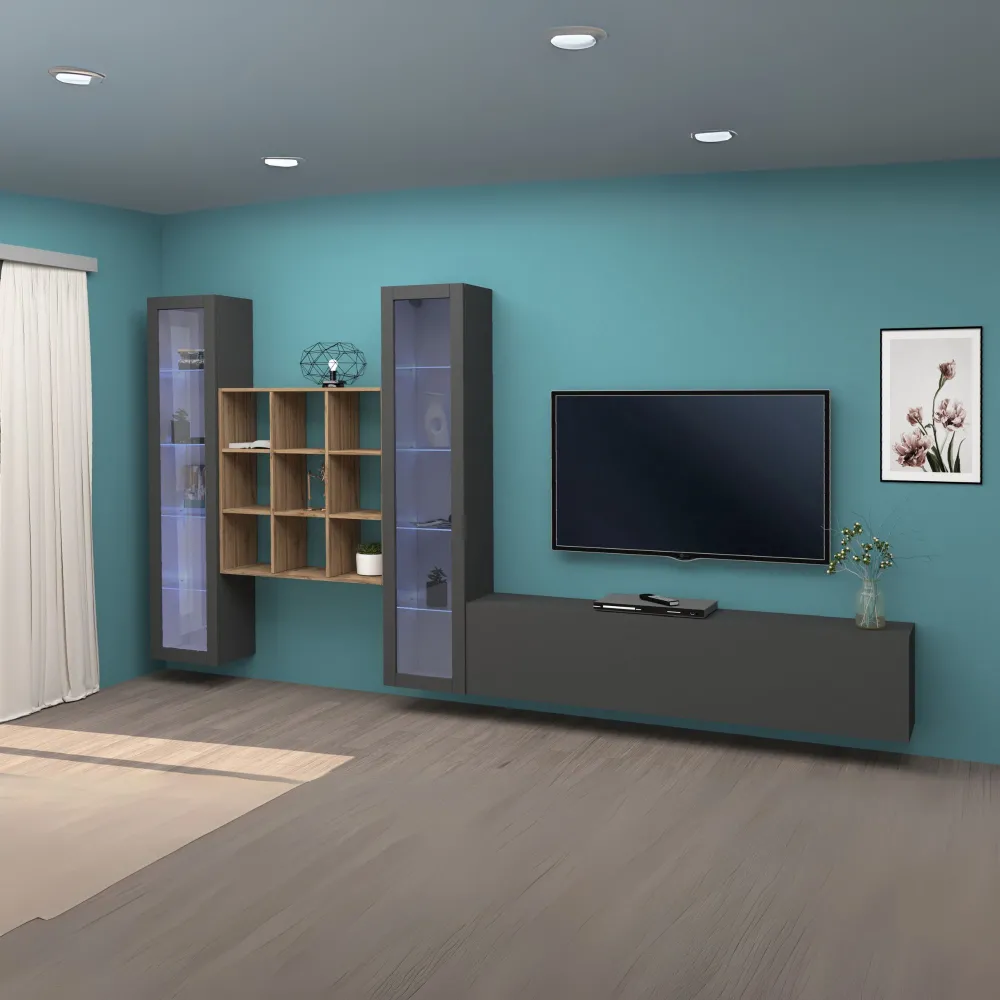 Parete Attrezzata Zona Giorno 350x30x180 cm Antracite Opaco con Design Moderno - York