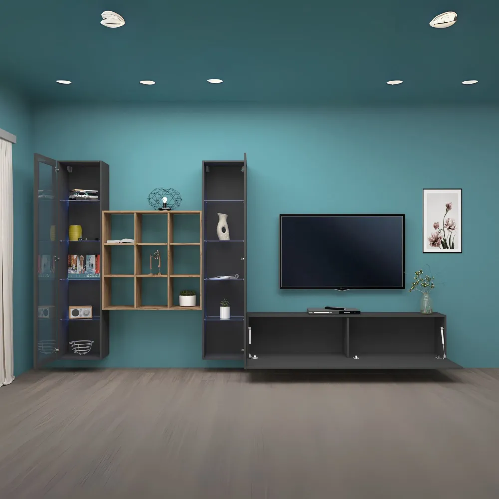 Parete Attrezzata Zona Giorno 350x30x180 cm Antracite Opaco con Design Moderno - York 2