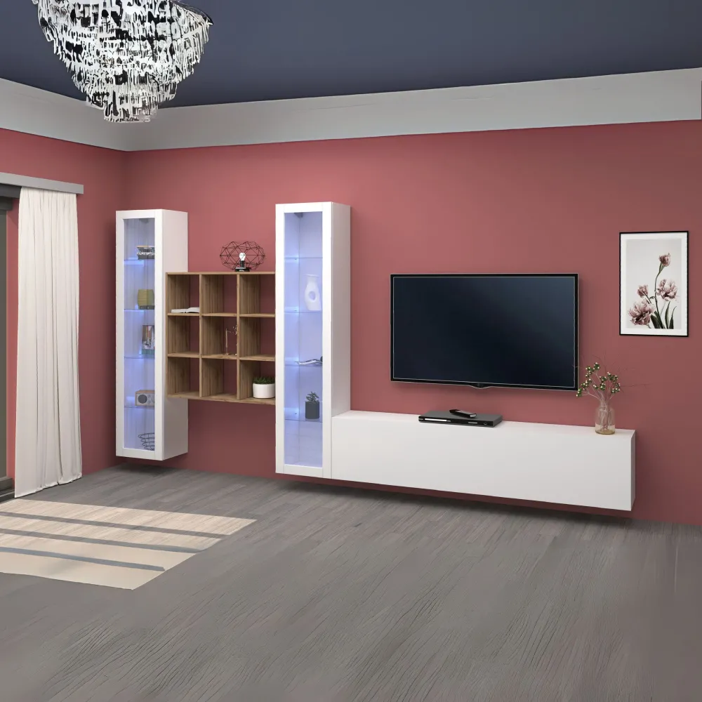 Parete Attrezzata 350x30x180 cm Bianco Laccato Lucido con Design Moderno per Zona Giorno - York
