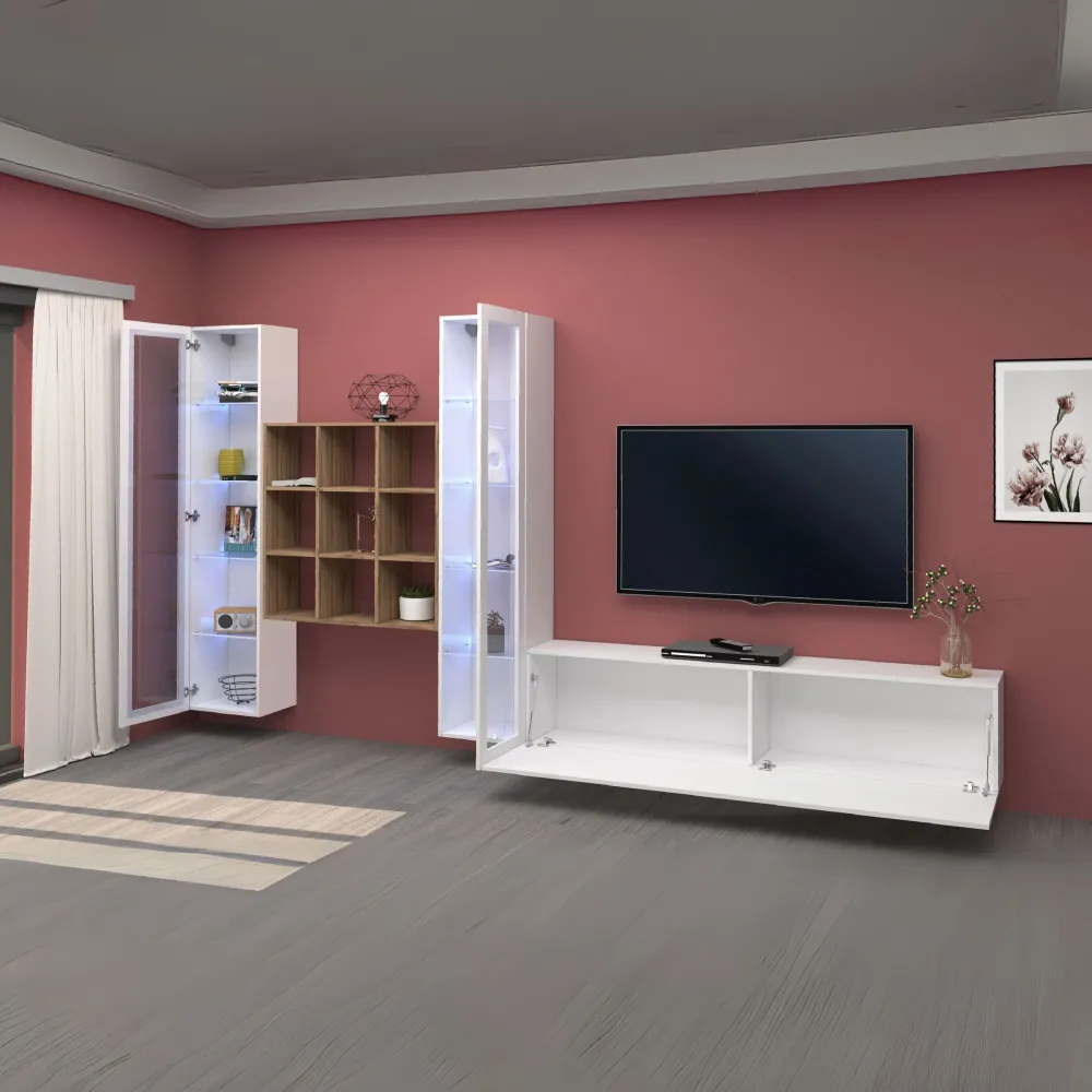 Parete Attrezzata 350x30x180 cm Bianco Laccato Lucido con Design Moderno per Zona Giorno - York