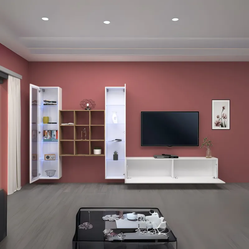 Parete Attrezzata 350x30x180 cm Bianco Laccato Lucido con Design Moderno per Zona Giorno - York